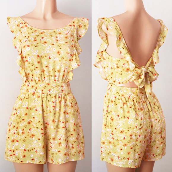 Le Lis Dresses & Skirts - Yellow Floral Ruffle Tie Bow Open Back Cute Romper